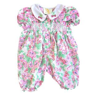 VTG Tiny Tots Baby Romper 3/6 Mos Strawberry Embroidery Peter Pan Collar Cotton